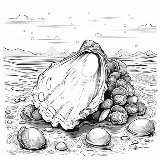 colouring page for kids,cartoon style oyster and shell in ocean ,thicklines,low detail, no shading--ar 9:11