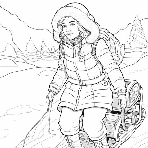 colouring page for young person, woman dressed in quilted jacket with fur lined hood dragging sledge across snowy waste, thick line, no shading