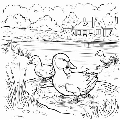 colouring pages for kids, baby farm animals, ducks in a pond, thick lines, no shading, no colour - ar 9:11
