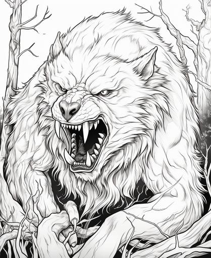 colouring pages for kids, fantasy animal werewolf, low detail, thick lines, no shading --ar 9:11