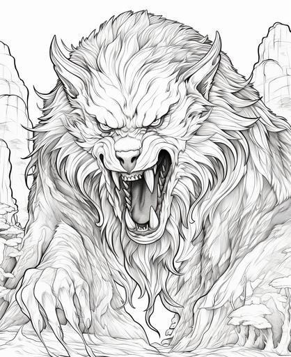 colouring pages for kids, fantasy animal werewolf, low detail, thick lines, no shading --ar 9:11