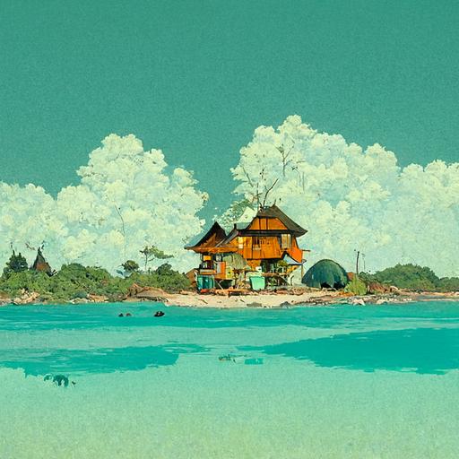 moebius meets animal crossing, island, turquoise water, beach, houses, raccoon dog