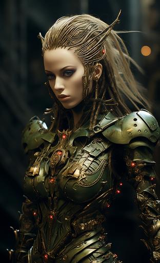 combat robot women, in the style of green and gold, bill gekas, cybergoth, close-up shots, historical illustrations, hirohiko araki, high resolution --c 30 --ar 11:18 --s 200