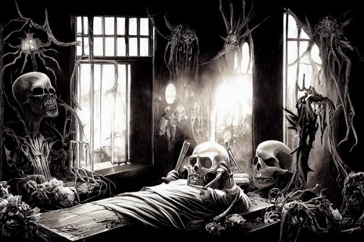 [comic book, fantasy art, style of h. r. giger], [monochrome, chiaroscuro], old man staring out window, fantasy cell in a fantasy jail, shadows fall, moonlight,, [skulls, dead flowers. camdles] --ar 16:9 --test --upbeta