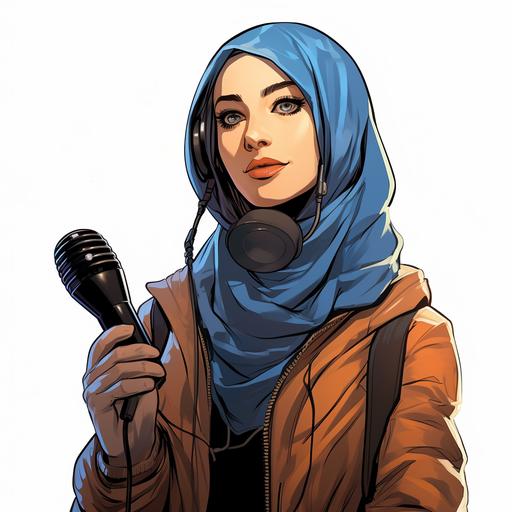 comic book sketch, middle eastern female wearing a black hijab and a blue journalist vest. She is holding a journalism microphone.