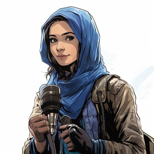 comic book sketch, middle eastern female wearing a black hijab and a blue journalist vest. She is holding a journalism microphone.