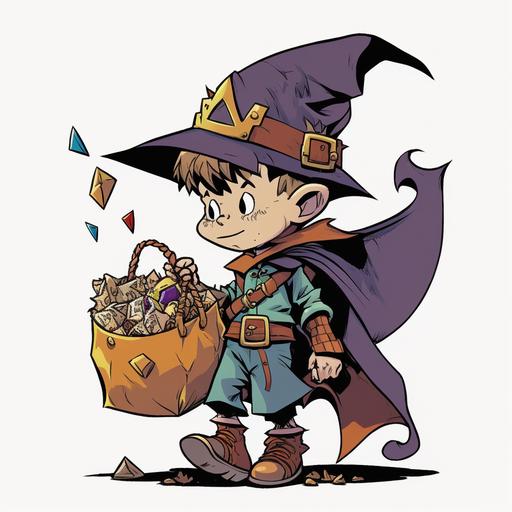 comic book style, line art, full color, clean lines, trick-or-treat, full body, male kid merlin wizard, pointed hat, holding a bag full of candy, happy