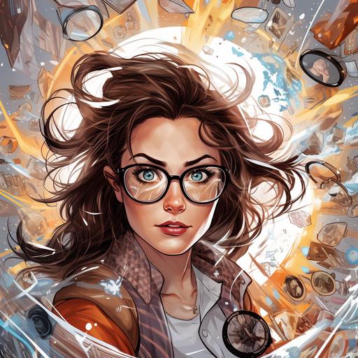 comic book style of woman superhero with brown hair and glasses looking into a swirl of creative art objects, comic, illustration, pow