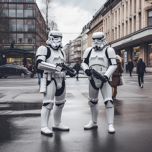 comic book style pictures of stockholm with random star wars characters in the street