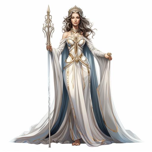 comic illustration of a tall beautiful queen, in a fantasy middleage, full body, static, white background