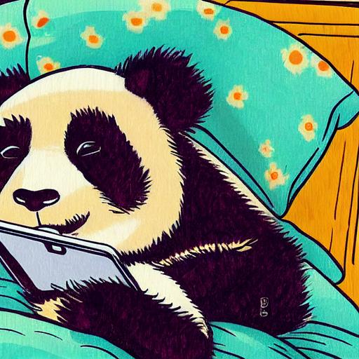 comic panel image of cute panda using cell phone in bedroom. Highly detailed, colorful, doodle, drawing. --testp