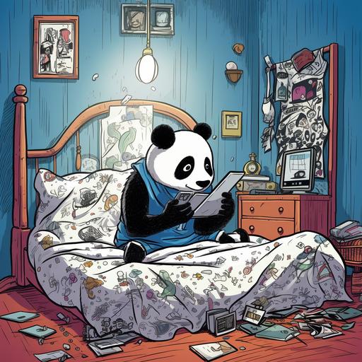 comic panel image of cute panda using cell phone in bedroom. Highly detailed, colorful, doodle, drawing. --v 5