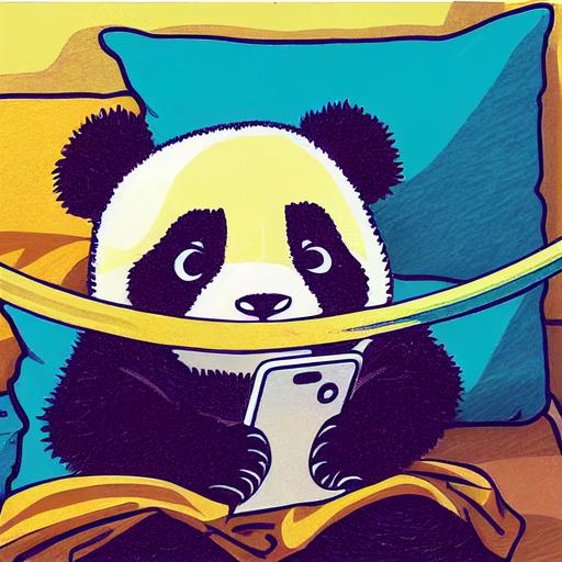 comic panel image of cute panda using cell phone in bedroom. Highly detailed, colorful, doodle, drawing. --creative --testp