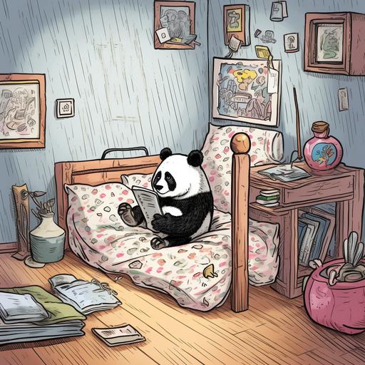 comic panel image of cute panda using cell phone in bedroom. Highly detailed, colorful, doodle, drawing. --v 5