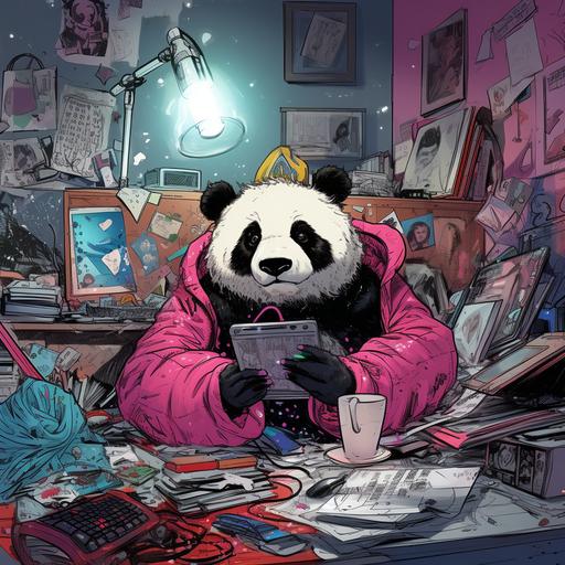 comic panel image of cute panda using cell phone in bedroom. Highly detailed, colorful, doodle, drawing.