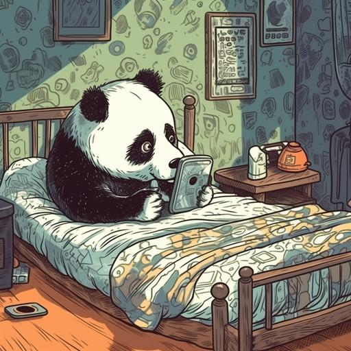 comic panel image of cute panda using cell phone in bedroom. Highly detailed, colorful, doodle, drawing. --v 5