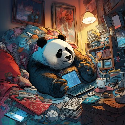 comic panel image of cute panda using cell phone in bedroom. Highly detailed, colorful, doodle, drawing.