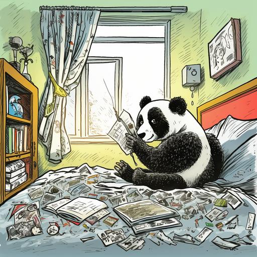 comic panel image of cute panda using cell phone in bedroom. Highly detailed, colorful, doodle, drawing. --v 5