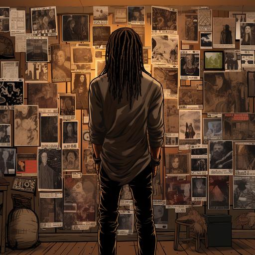 comic strip of a faceless brown super villain character with medium length dreads. The man is in a room full of posters with the each entitled POSTERBOY in gothic styled font. The man is seen posed arrogantly