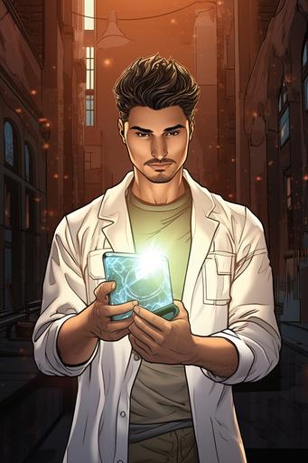 comic style dystopian art, twenty-six-year-old latino man with bronze-toned skin in a white doctor coat holding a clear glass tablet, research, superpowers, city, 8k, --ar 2:3
