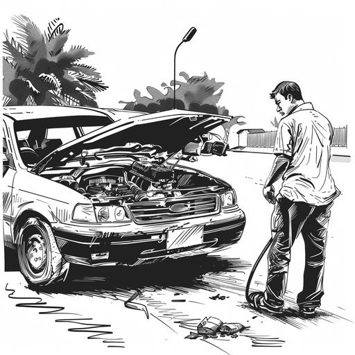 comic style sketches of car breakdown at the road with a malay guy checking the engine