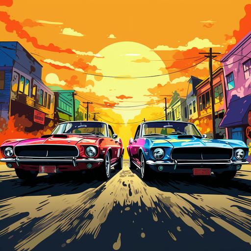 comic style, three cars side by side, colorful