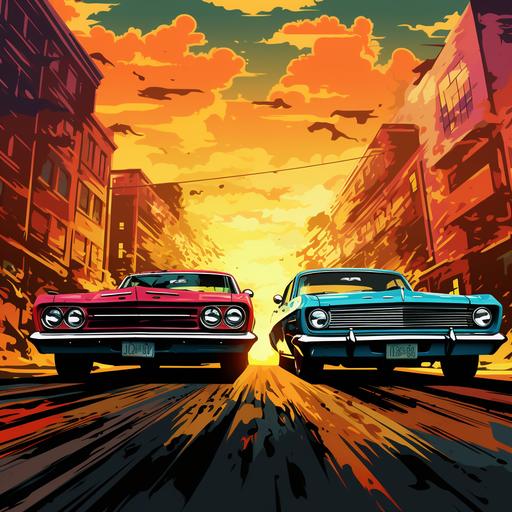 comic style, three cars side by side, colorful