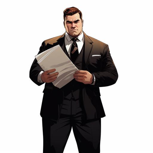 simple comic style,a chunky man holding papper file with both hand,middle aged,SlickedHairstyle,black two-piece suit,full body,white background