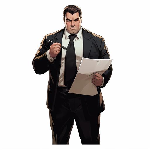 simple comic style,a chunky man holding papper file with both hand,middle aged,SlickedHairstyle,black two-piece suit,full body,white background