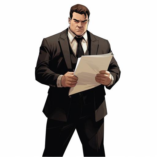 simple comic style,a chunky man holding papper file with both hand,middle aged,SlickedHairstyle,black two-piece suit,full body,white background