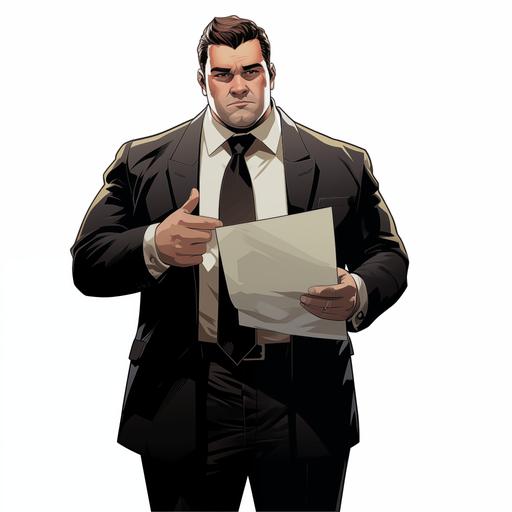simple comic style,a chunky man holding papper file with both hand,middle aged,SlickedHairstyle,black two-piece suit,full body,white background