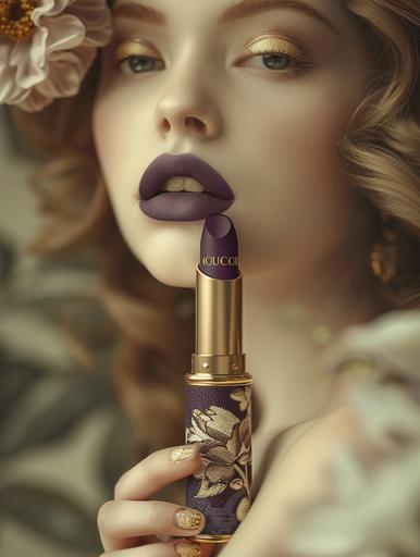 commercial 360 shot, luxury poster promoting. A new Gucci purple lipstick, in a vintage gold case with flowers, include intricate details. Art deco and Victorian inspired with a modern flair. Include white space on poster. flat color. Blurred background. Background contrasting, to the lips slightly muted. Exquisite details. Keep lips main focus, very blurry background with bokeh. shallow depth of field. Lighting of lips is white studio lighting, balanced with emphasis on texture and color of lips and lipstick. Women in her 20’s plus size. ultra realistic --ar 3:4 --stylize 250 --v 6.0