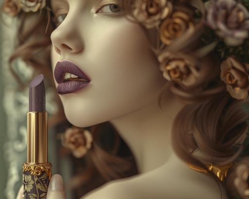 commercial 360 shot, luxury poster promoting. A new Gucci purple lipstick, in a vintage gold case with flowers, include intricate details. Art deco and Victorian inspired with a modern flair. Include white space on poster. flat color. Blurred background. Background contrasting, to the lips slightly muted. Exquisite details. Keep lips main focus, very blurry background with bokeh. shallow depth of field. Lighting of lips is white studio lighting, balanced with emphasis on texture and color of lips and lipstick. Women in her 20’s plus size. ultra realistic --stylize 250 --v 6.0 --ar 5:4