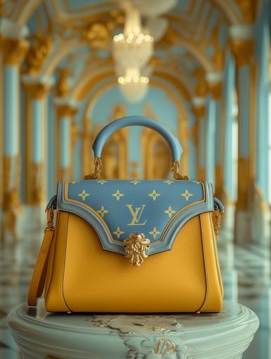 commercial 360 shot, luxury poster promoting. A new style of Louie Vuitton hand bag. Art deco and Victorian inspired. flat color. Light blue and light yellow bag with gold accents. Blurred background. Background match the aesthetic of the handbag, slightly muted. Exquisite details. Keep bag main focus, very blurry background. shallow depth of field. Lighting of bag is white studio lighting, balanced with emphasis on texture and color of bag. --stylize 350 --v 6.0 --ar 3:4