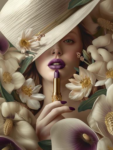 commercial 360 shot, luxury poster promoting. A new Gucci purple lipstick, in a vintage gold case with flowers, include intricate details. Art deco and Victorian inspired with a modern flair. Include white space on poster. flat color. Blurred background. Background contrasting, to the lips slightly muted. Exquisite details. Professional make full make up. Keep lips main focus, very blurry background with bokeh. shallow depth of field. Lighting of lips is white studio lighting, balanced with emphasis on texture and color of lips and lipstick. Nails match color of lips. Women in her 20’s plus size. ultra realistic --stylize 250 --v 6.0 --ar 3:4