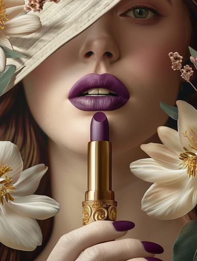 commercial 360 shot, luxury poster promoting. A new Gucci purple lipstick, in a vintage gold case with flowers, include intricate details. Art deco and Victorian inspired with a modern flair. Include white space on poster. flat color. Blurred background. Background contrasting, to the lips slightly muted. Exquisite details. Professional make full make up. Keep lips main focus, very blurry background with bokeh. shallow depth of field. Lighting of lips is white studio lighting, balanced with emphasis on texture and color of lips and lipstick. Nails match color of lips. Women in her 20’s plus size. ultra realistic --stylize 250 --v 6.0 --ar 3:4