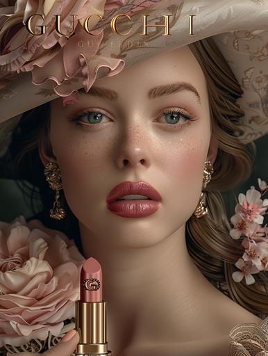 commercial 360 shot, luxury poster promoting. A new Gucci vintage pink lipstick, matches aesthetic of image, in a vintage gold case with flowers, include intricate details. Women is wearing a vintage classy hat, with 5he same color lipstick on her lips. And a gorgeous cream vintage dress. Art deco and Victorian inspired with a modern flair. Include white space on poster. flat color. Blurred background. Background contrasting, to the lips slightly muted. Exquisite details. Professional make full make up. Keep lips main focus, very blurry background with bokeh. shallow depth of field. Lighting of lips is white studio lighting, balanced with emphasis on texture and color of lips and lipstick. Beautiful vintage matching pink acrylic nails. Women in her 20’s plus size. ultra realistic --stylize 750 --v 6.0 --ar 3:4