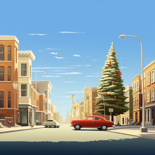 commercial image with a quiet city in a christmas day, a big christmas tree, streetlight on the tree, a deer looking at the tree, blue clear sky with a little bit of cloud, small red car, low white building, a person looking down the deer, warm, lonely, ar 21:9 in Edward Hopper style