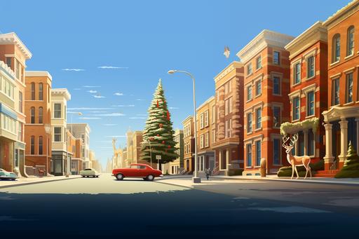 commercial image with a quiet city in a christmas day, a big christmas tree, streetlight on the tree, a deer looking at the tree, blue clear sky with a little bit of cloud, small red car, low white building, a person looking down the deer, warm, lonely, ar 21:9 in Edward Hopper style