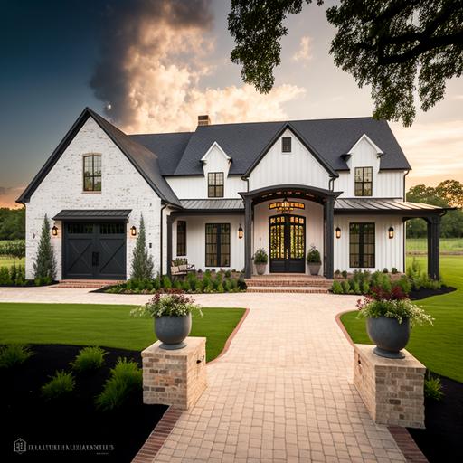 commercial photograph   one level large white brick farmhouse   ranch style   full black metal roof   black windows   centered cedar arched wood front door   pergola off front door   chimney   detailed  3D   commerical photography --v 4 --v 4