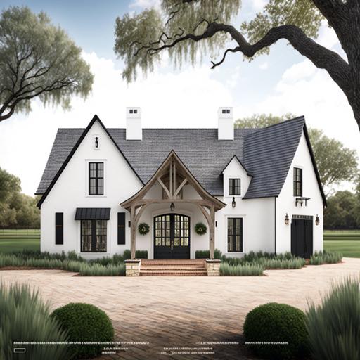 commercial photograph   one level large white brick farmhouse   ranch style   full black metal roof   black windows   centered cedar arched wood front door   pergola off front door   chimney   detailed  3D --v 4