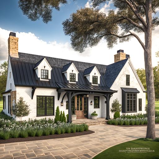 commercial photograph   one level large white brick farmhouse   ranch style   full black metal roof   black windows   centered cedar arched wood front door   pergola off front door   chimney   detailed  3D --v 4