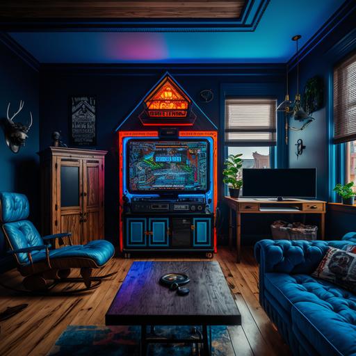commercial photography   modern farmhouse style open concept room   neon tube blue lighting on walls  , 19880's nostaliga blue couch   cedar desk with multiple cpmuters   vintage pinball game   neon signs on walls   black windows   led lighting   high detail --v 4 --v 4
