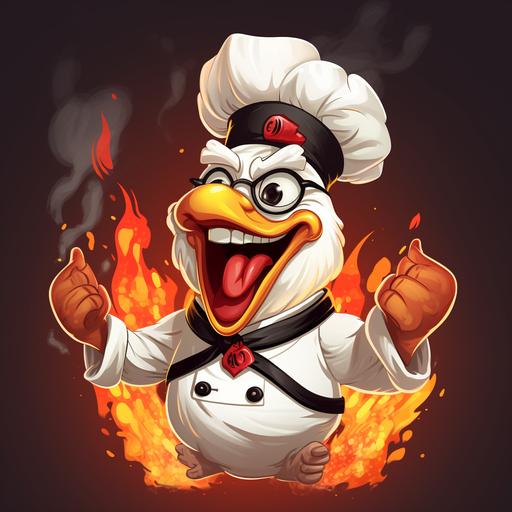 commerical chicken mascot, a black and white chicken cartoon , chef, smoke, holding a very spicy pepperoni stick, flame coming out of mouth