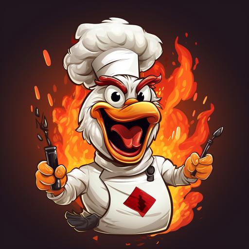 commerical chicken mascot, a black and white chicken cartoon , chef, smoke, holding a very spicy pepperoni stick, flame coming out of mouth