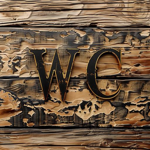 company logo created with a livestock branding style using the letters W and C joined together with a rustic background, light colored burned wood theme with gold letters