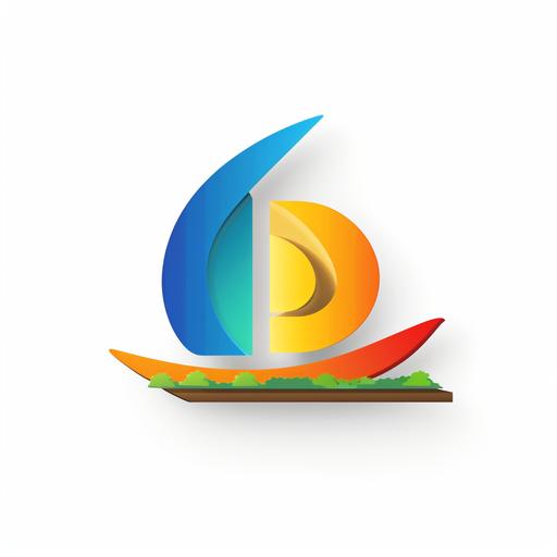company logo with a wooden canoe with a house on top, simple, two bright primary colours, letter D, icon