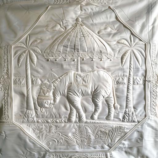 complete white silk quilt with white circus illustration sewn with white thread