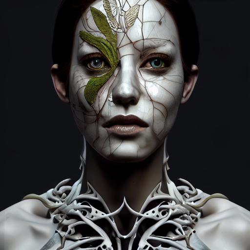 complex 3 d render, hyper detailed, ultrasharp, fascinating stunning beautiful biomechanical female cyborg with a porcelain profile face, white goddess with a visible detailed brain, grey matter and neurons, tattoos, analog, 1 5 0 mm lens, silver gold red filigree details, beautiful natural abundent rim light, big leaves and stems, roots, fine foliage lace, alexander mcqueen high fashion haute couture, pearl earring, art nouveau fashion embroidered, steampunk, hexagonal mesh wire, mandelbrot fractal, anatomical, facial muscles, cable wires, microchip, elegant, hyper realistic, ultra detailed, octane render, h. r. giger style, volumetric lighting, 8 k post - production --test --creative --upbeta