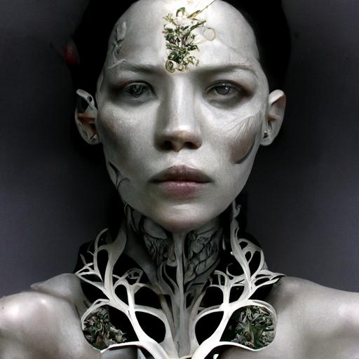 complex 3 d render, hyper detailed, ultrasharp, fascinating stunning beautiful biomechanical female cyborg with a porcelain profile face, white goddess with a visible detailed brain, grey matter and neurons, tattoos, analog, 1 5 0 mm lens, silver gold red filigree details, beautiful natural abundent rim light, big leaves and stems, roots, fine foliage lace, alexander mcqueen high fashion haute couture, pearl earring, art nouveau fashion embroidered, steampunk, hexagonal mesh wire, mandelbrot fractal, anatomical, facial muscles, cable wires, microchip, elegant, hyper realistic, ultra detailed, octane render, h. r. giger style, volumetric lighting, 8 k post - production